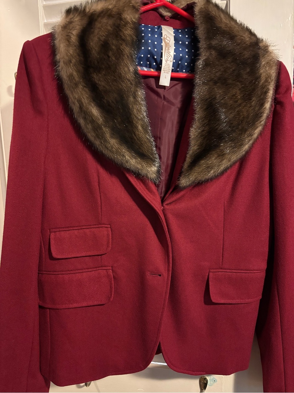 Burgundy Blazer with Removable Brown Faux Fur Collar